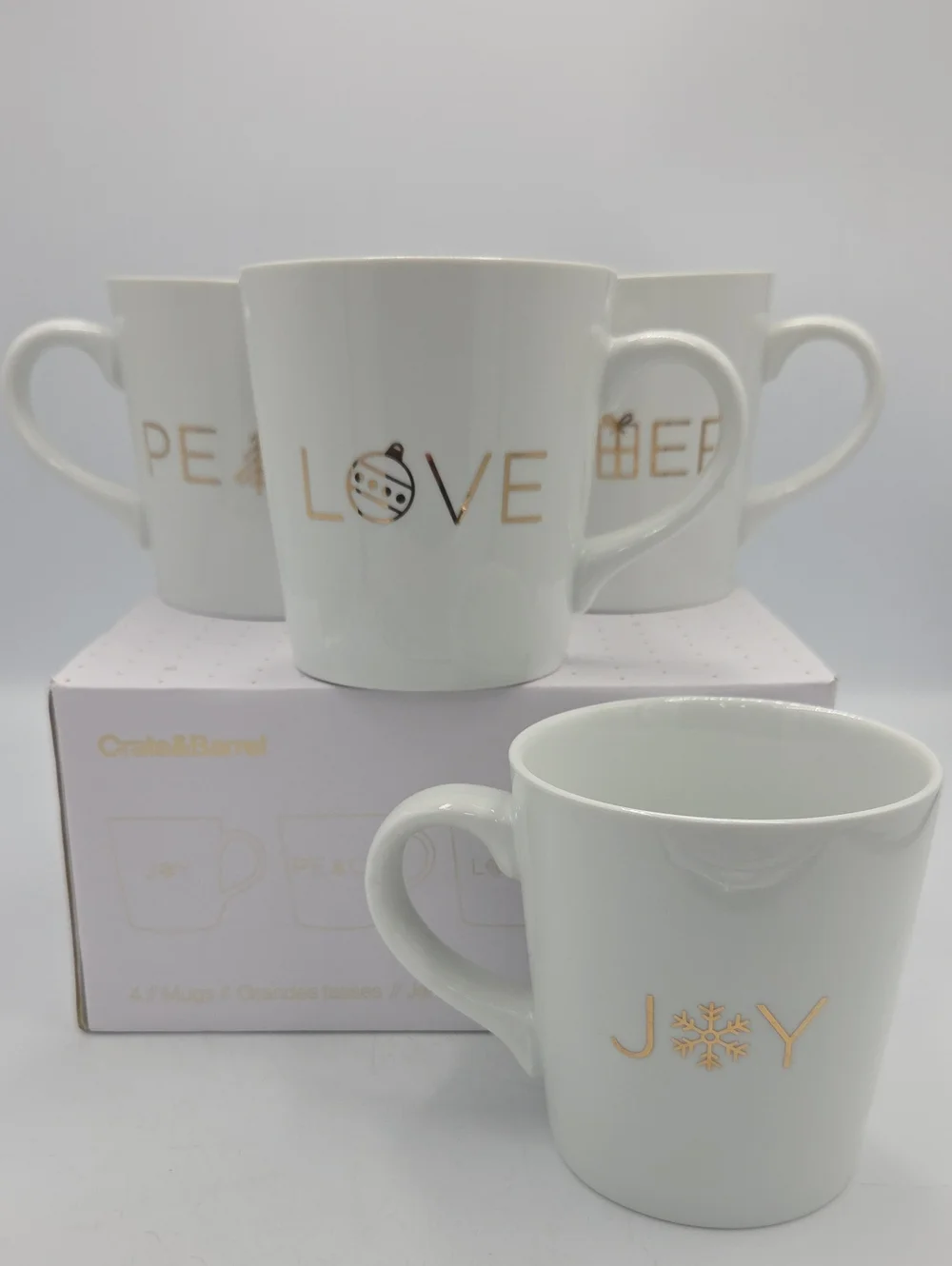 Crate&Barrel White Ceramic Holiday Mug Set with Gold Accents